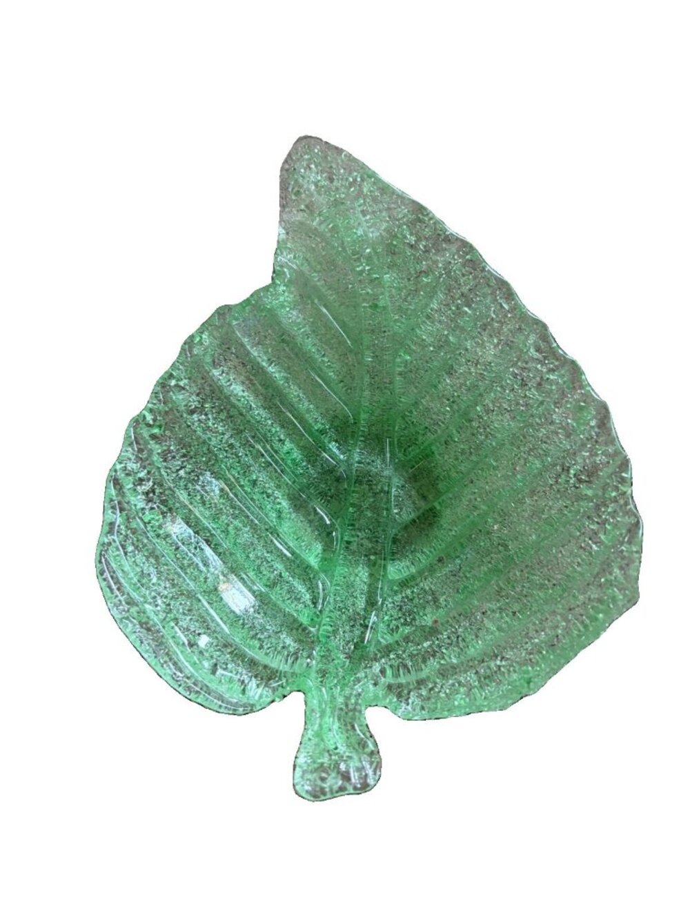 Vtg textured Green Glass Leaf Dish 7" MCM Art Glass Trinket Candy Nut Bowl NotUV